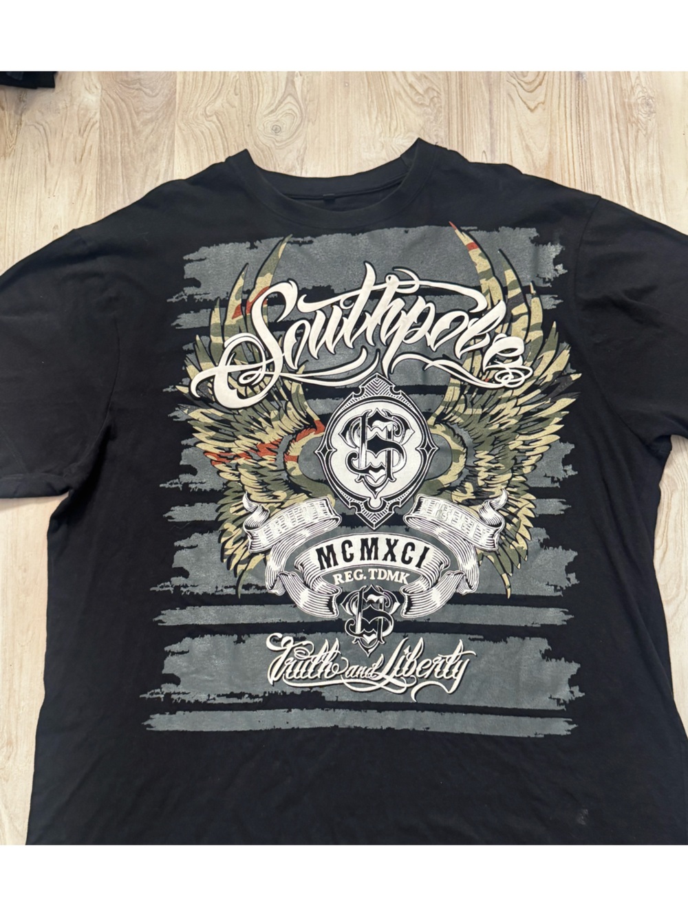 Y2K South Pole Black Graphic Tee with Winged Crest and Script Logo